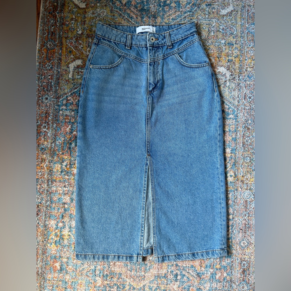High Rise Midi Denim Skirt